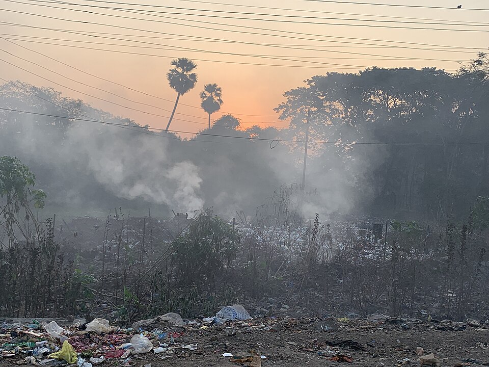 Burning plastic contributes to toxic air pollution. In the absence of safe garbage disposal systems, burning roadside garbage dumps are a common site in areas near Mumbai. This dump is along the main road in a populated part of Panvel city in 2018.