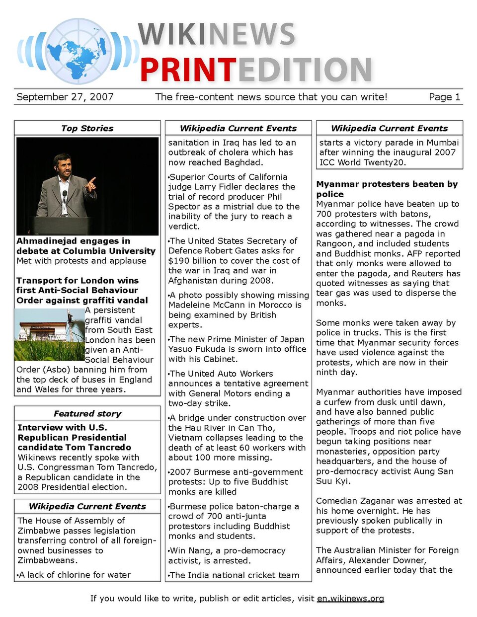 n:Wikinews:Print edition for September 27, 2007.