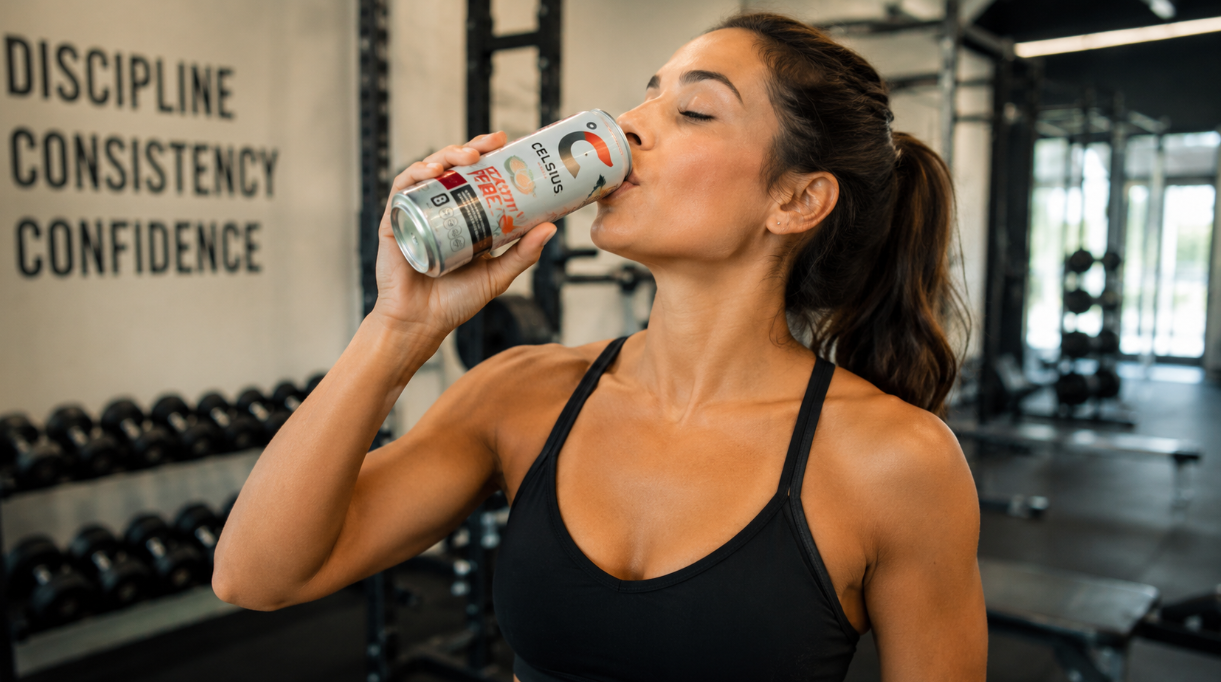 Athletic woman drinking a Celsius energy drink while standing inside a gym with weights and workout equipment in the background.