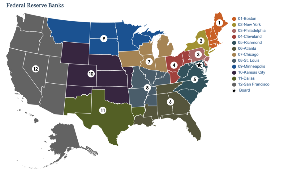 A map of the twelve federal reserve districts.