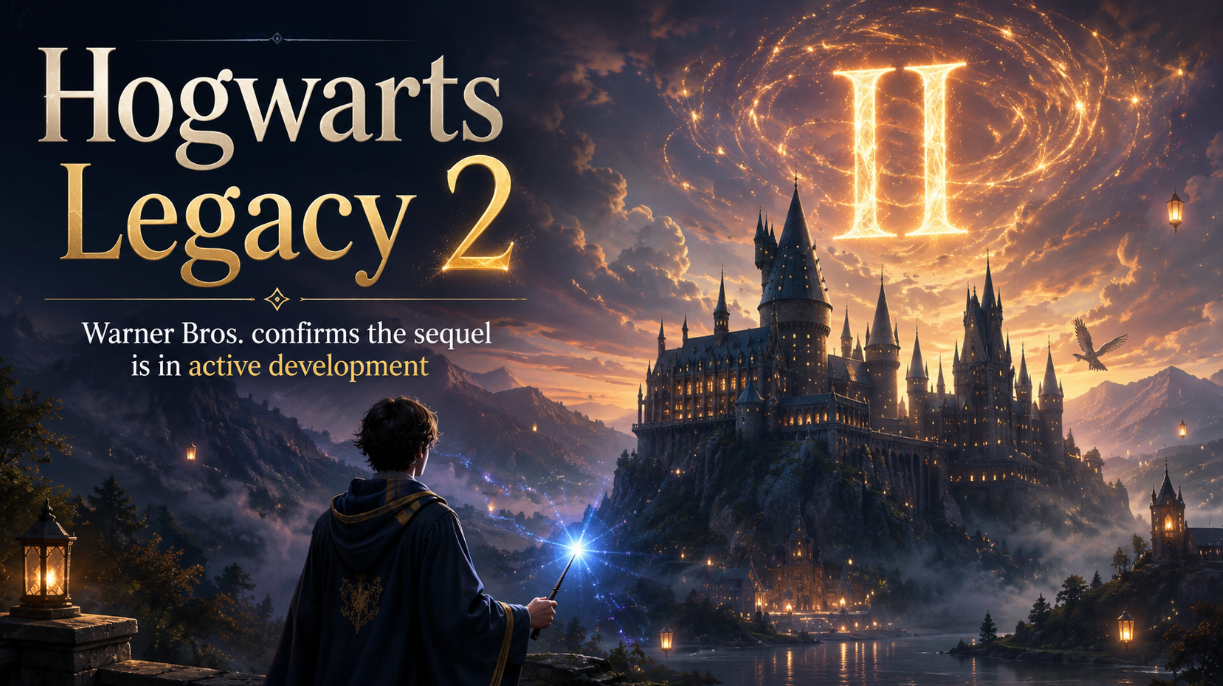 Fantasy poster showing a young wizard facing a glowing castle as Warner Bros. confirms Hogwarts Legacy 2 is in active development.