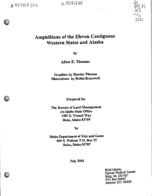 The purpose of this guide is to bring together information on the amphibians in the western United States where most BLM lands are located, as a quick reference to where amphibians are, what their habitats are, possible reasons for declines, and key references to aid in planning and management. Spec