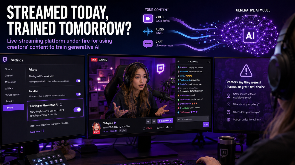 Streamer at a gaming setup as video, audio and chat data flow toward a generative AI model, illustrating concerns over Twitch using creator content for AI training.