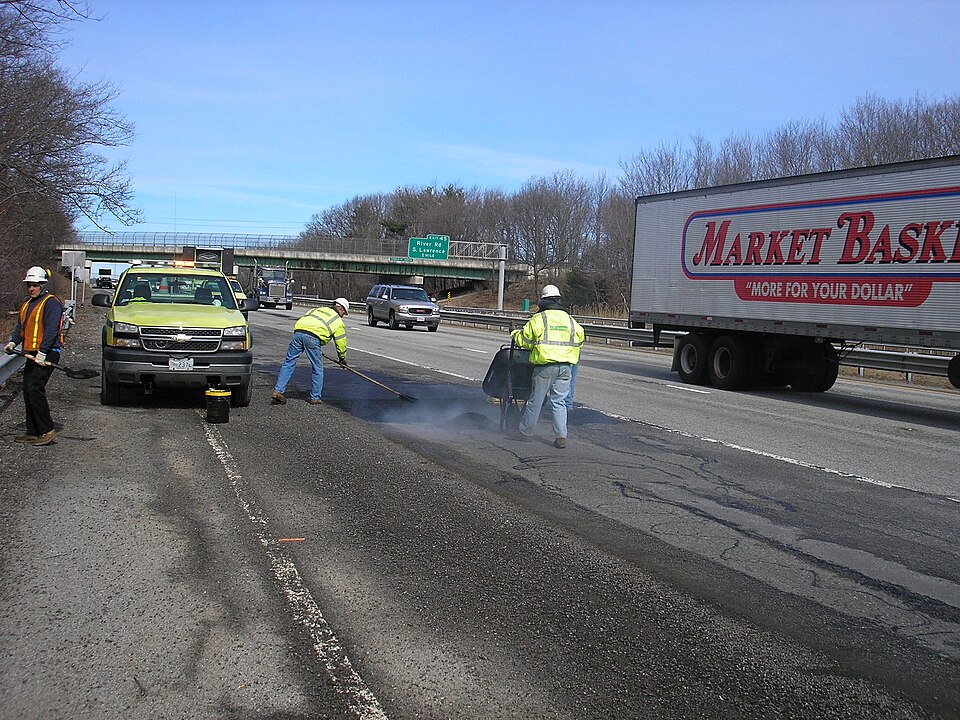 MassDOT crew repairs potholes on Interstate 93 southbound near River Road in the Andover/Methuen area. Pothole season is here, and MassDOT crews are out every day this time of year, repairing potholes that can damage vehicles and delay traffic.
Potholes result from the freeze-thaw cycle.  Water from