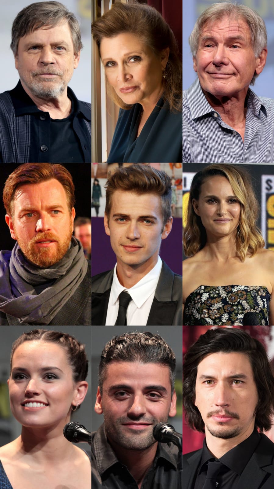 Protagonistas da "Saga Skywalker" do universo cinematográfico de "Star Wars". Na primeira fileira: Mark Hamill (Luke Skywalker), Carrie Fisher (Leia Organa) e Harrison Ford (Han Solo); na segunda fileira: Ewan McGregor (Obi-Wan Kenobi), Hayden Christensen (Anakin Skywalker) e Natalie Portman (Padmé