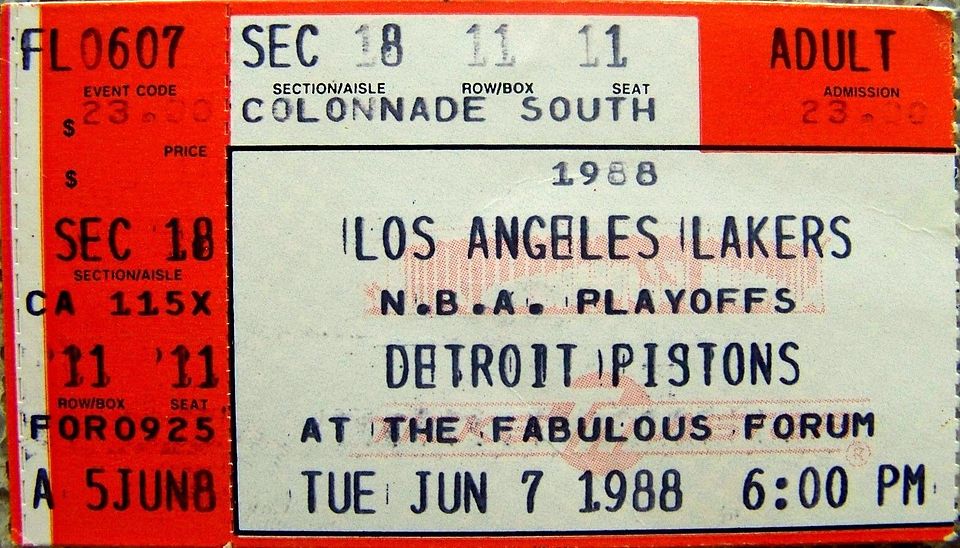 A ticket for Game 1 of the 1988 NBA Finals featuring the Detroit Pistons versus the Los Angeles Lakers at the Forum on June 7, 1988.
The Pistons defeated the Lakers 105-93 in Game 1 but the Lakers eventually won the series 4-3.