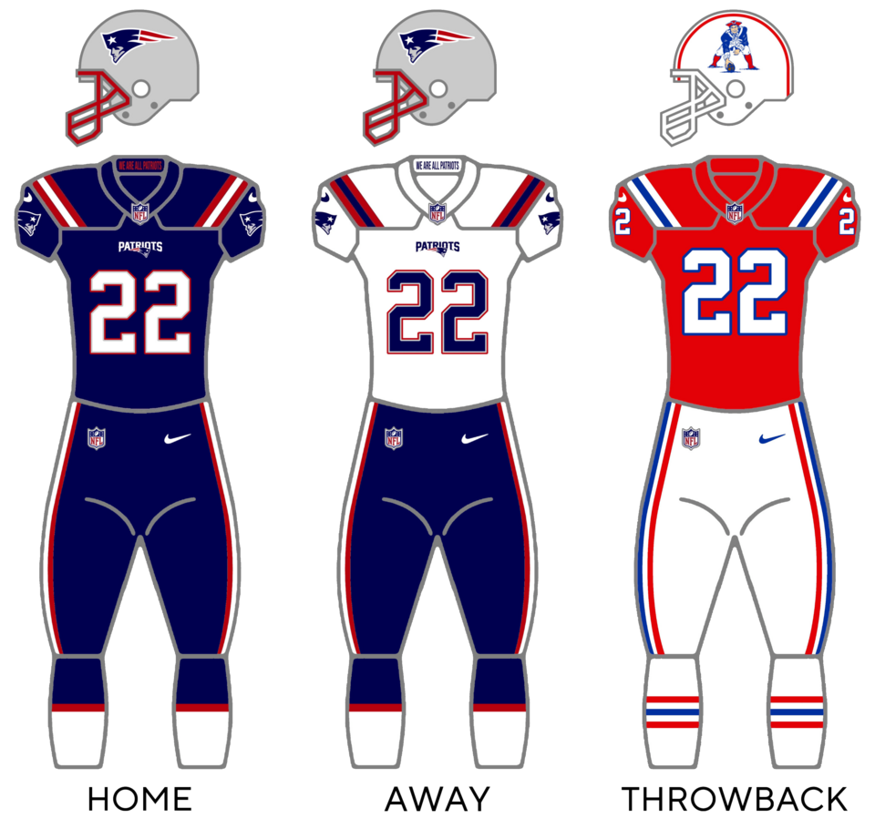 The uniforms of the New England Patriots from 2020-2021, now with the Pat Patriot throwback uniform added to the rotation. The Patriots would introduce Silver pants with the Home uniforms in a matchup against the Chicago Bears in Week 7 of the 2022 season, and for 2 games during the 2023 season. In