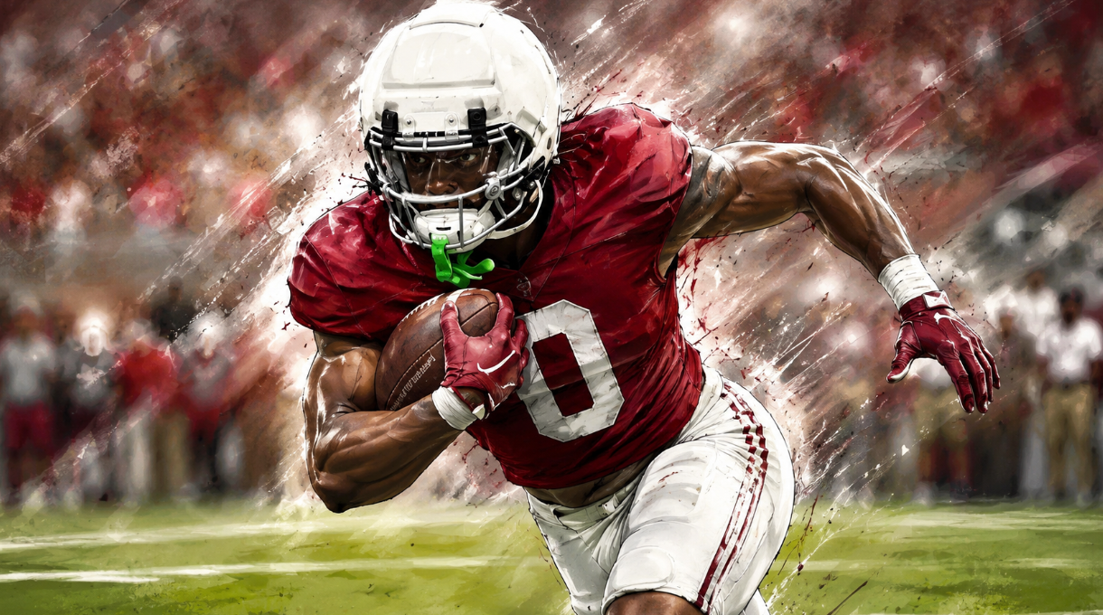 Artist’s illustration of Alabama running back AK Dear carrying the football in a crimson and white uniform during a game.