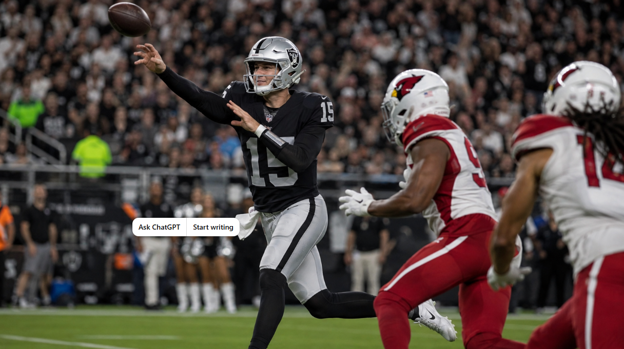 Fernando Mendoza throws a touchdown pass for the Las Vegas Raiders during a preseason game against the Arizona Cardinals.