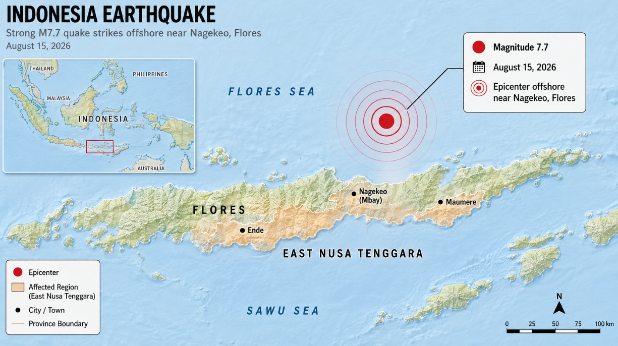 Map showing the magnitude 7.7 Indonesia earthquake epicenter offshore near Nagekeo on Flores Island in East Nusa Tenggara.