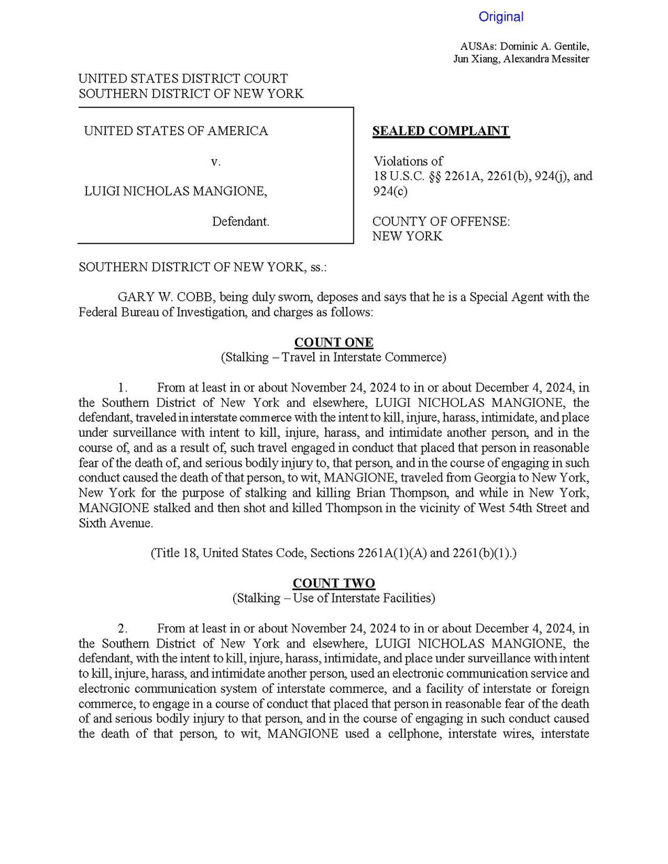 US Department of Justice indictment of Luigi Mangione for federal charges relating to alleged killing of Brian Thompson, filed with United States District Court for the Southern District of New York.