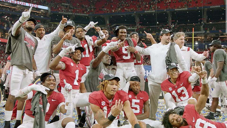 The Alabama Crimson Tide celebrating their win in the 2021 SEC Championship
