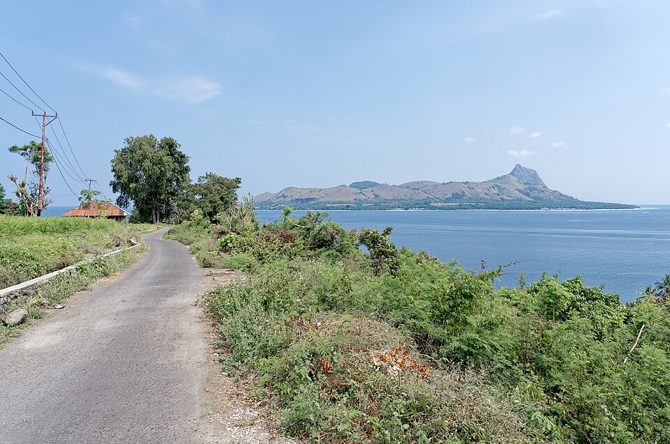 Road on the south coast of Flores Island, Indonesia, with Mules Island in the background