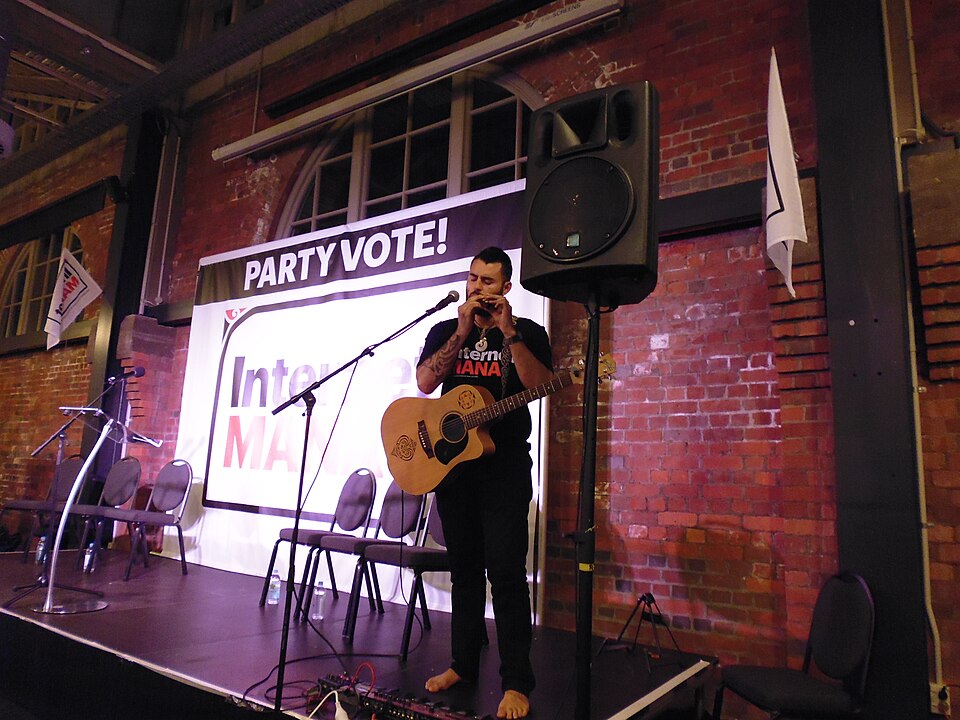 Musician performs at a political rally.
Photo taken at a rally held by the Internet Mana Party on 4 August 2014.  The rally was part of a nationwide tour.