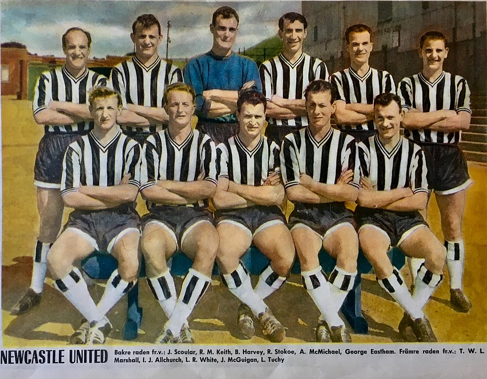Newcastle United F.C. in 1960. L-r, standing: James "Jimmy" Scoular, Richard Matthewson "Dick" Keith, Bryan Harvey (goalkeeper), Robert "Bob" Stokoe, Alf McMichael and George Edward Eastham; front: T. W. L. "Terry" Marshall, Ivor J. Allchurch, Leonard Roy "Len" White, John McGuigan and Liam Tuohy.