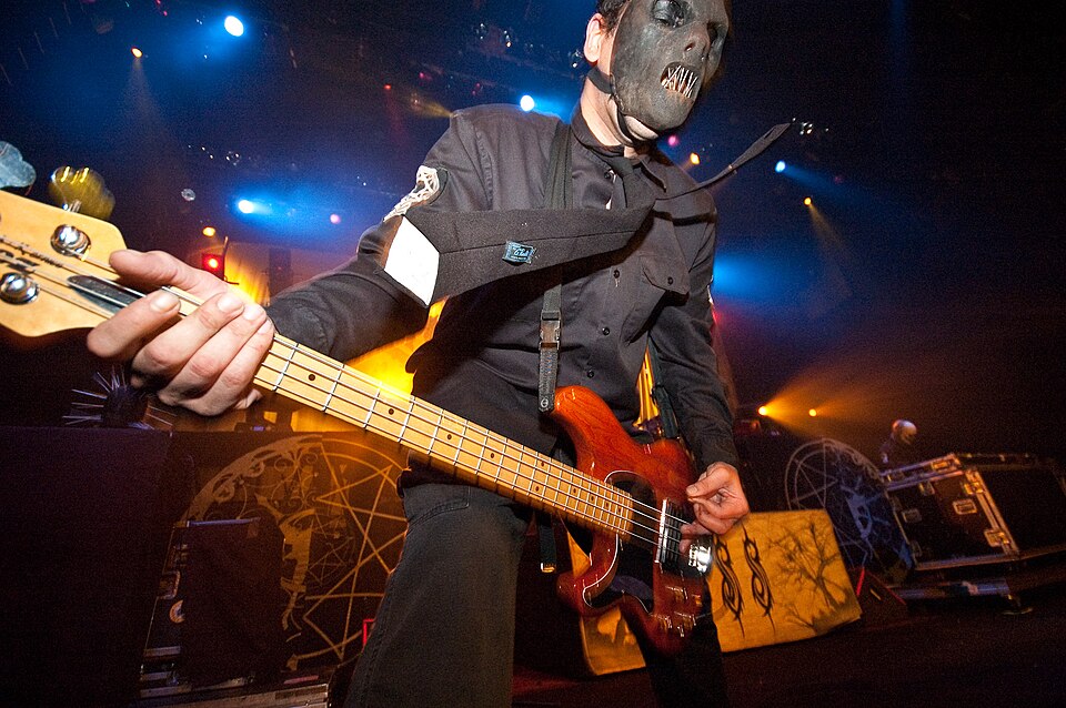Bass guitarist Paul Gray performing in metal band Slipknot in 2005.