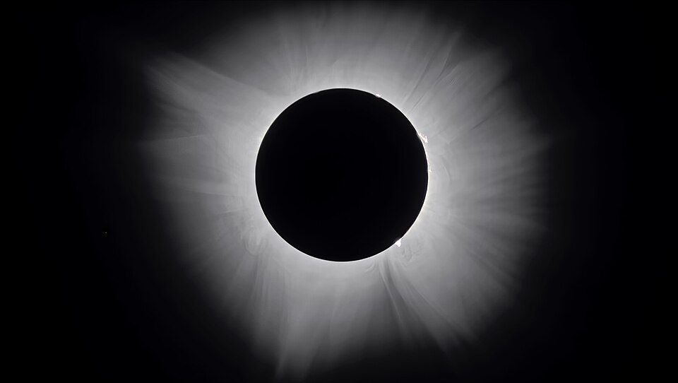 This view is an HDR composite of 18 different exposures to bring out the detail in the Corona. The Corona is normally invisible due to the overwhelming light from the Photosphere of the Sun. But, during a Total Solar Eclipse, the Corona becomes visible. Taken from Sherbrooke, QC