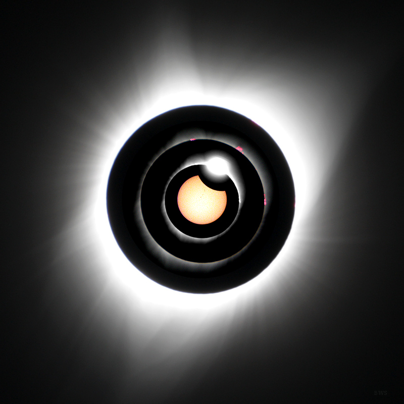 A four image composite of the August 21, 2017 total solar eclipse with corona, prominences, diamond ring and partial eclipse with sunspots.