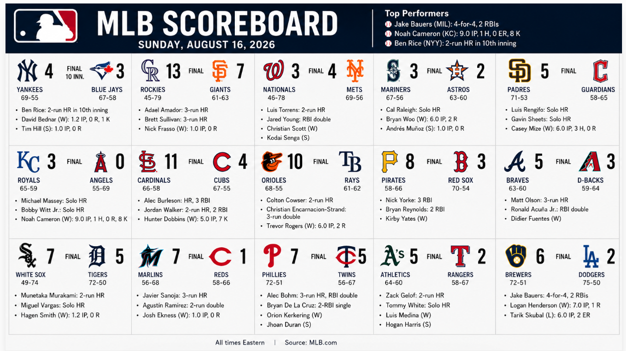 MLB scoreboard graphic showing final scores and top performers from 15 Major League Baseball games played on August 16, 2026.