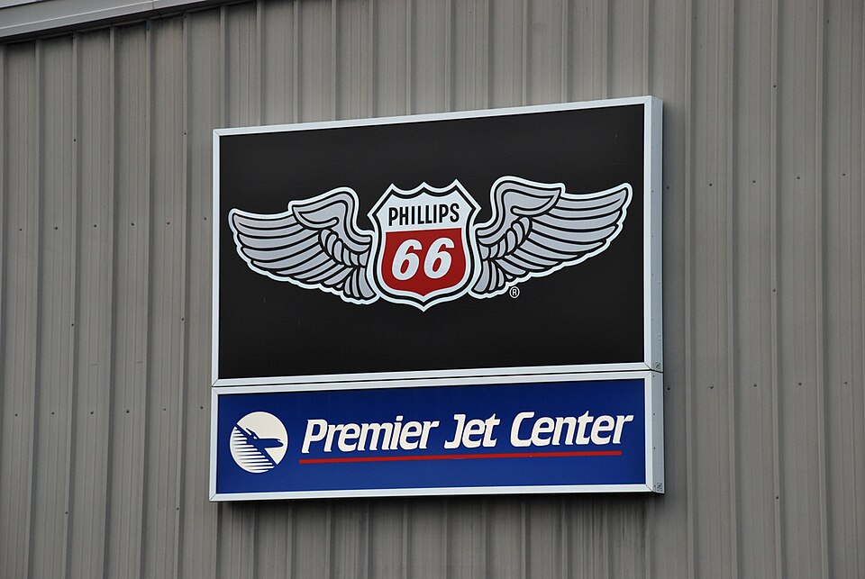 Winged logo for Phillips 66 Aviation fuel, at Premier Jet Center, at the Hillsboro Airport in Hillsboro, Oregon.