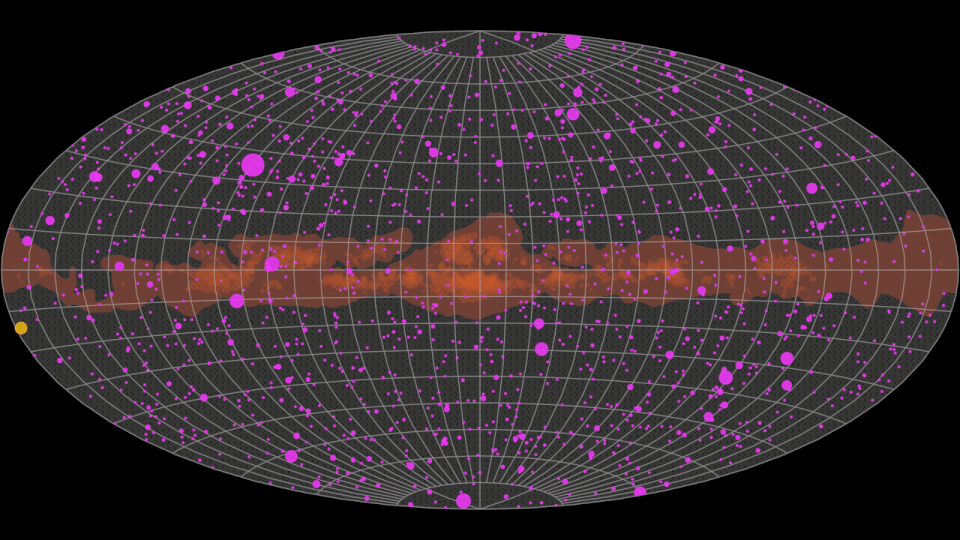 Gamma-ray sky’s activity during a year of observations from February 2022 to February 2023 captured by the Large Area Telescope (LAT) aboard NASA’s Fermi Gamma-ray Space Telescope. The pulsing circles represent just a subset of more than 1,500 light curves collected by the LAT over nearly 15 years i