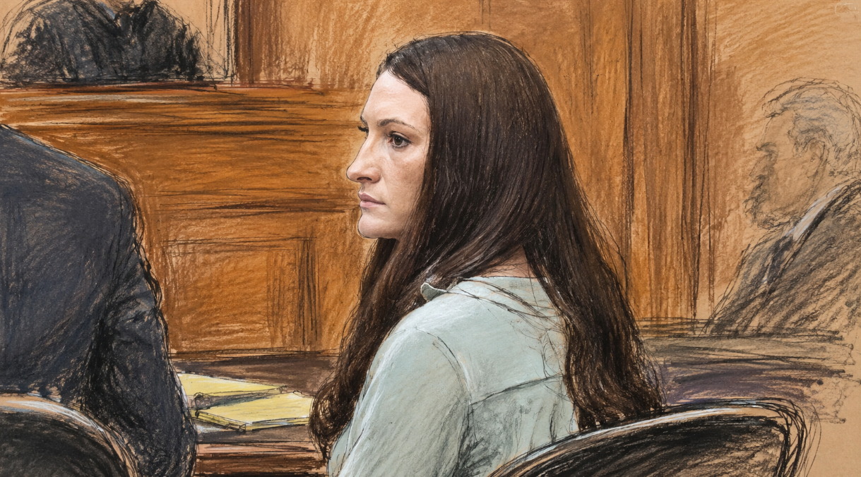 Courtroom sketch depicting Lindsay Clancy seated in court during her Massachusetts murder trial.