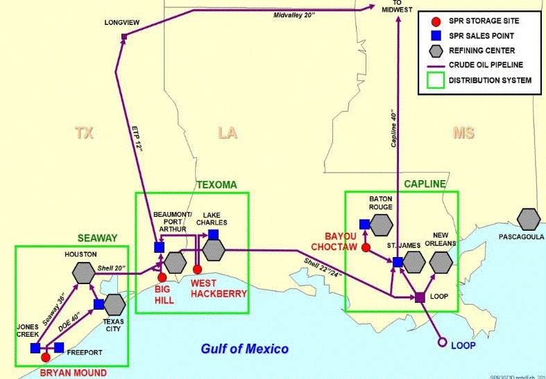Map of Strategic Petroleum Reserves in the United States.