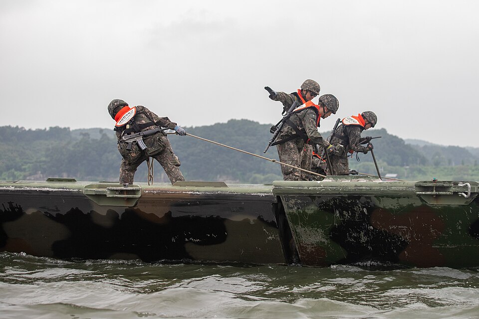 Republic of Korea Army Soldiers assigned to 312th River Crossing Battalion, 7th Engineer Brigade, pull on a rope to align two bridge interiors during Ulchi Freedom Shield, Aug. 27, 2025, at Namhan River site in South Korea.
Ulchi Freedom Shield is an annual combined exercise conducted in support of