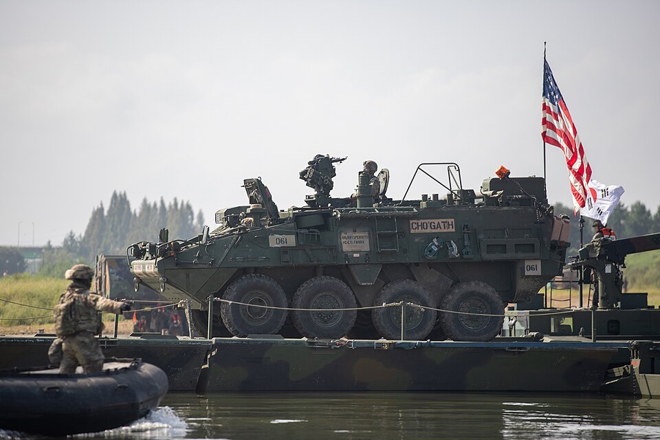 A U.S. Army Stryker drives across a water crossing constructed by the U.S. and Republic of Korea Armies, during Ulchi Freedom Shield, Aug. 27, 2025, at Namhan River site in South Korea.
Ulchi Freedom Shield is an annual combined exercise conducted in support of the ROK-U.S. Mutual Defense Treaty sig