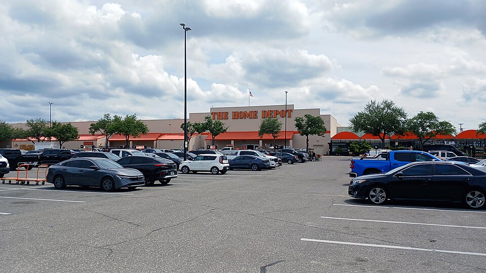 The front exterior of a Home Depot store at 8815 N Florida Ave, Tampa, Florida, United States, as seen from the parking lot, on 19 April 2026.