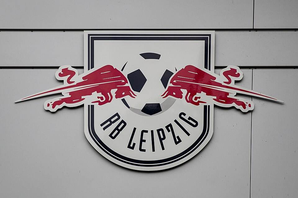 Logo of RB Leipzig at the wall of the practice centre at Cottaweg