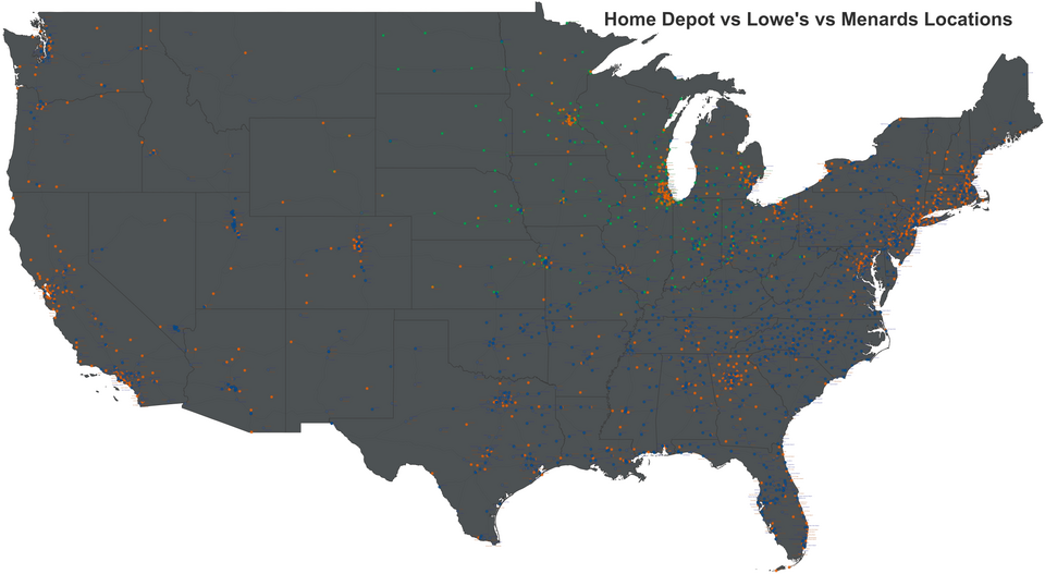 Home Depot vs Lowe's vs Menards locations in the United States