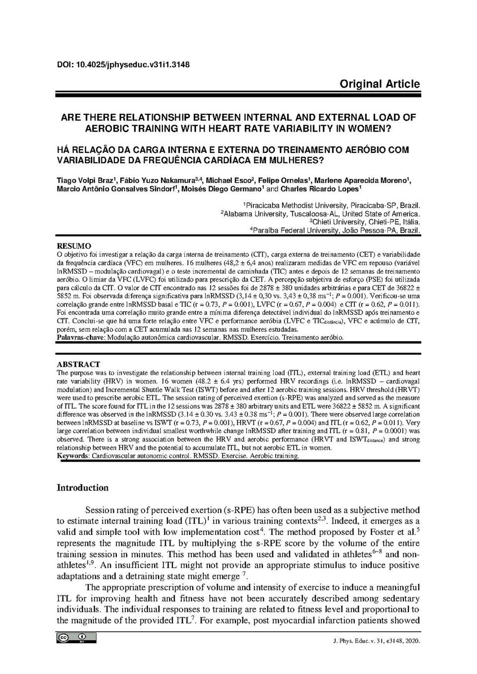Are there relantionship between internal and external load of aerobic training with heart rate variability in women, Journal of Physical Education (46165)