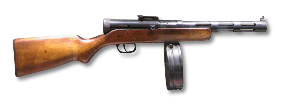 7.62 mm PPD-34/38 submachine gun with 70 round drum magazine.