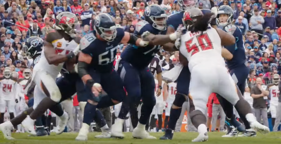Vita Vea 2019. Image from video Titans Mic'd Up vs. Bucs (Week 8) | Sounds of the Gamee, ~ 02:34.