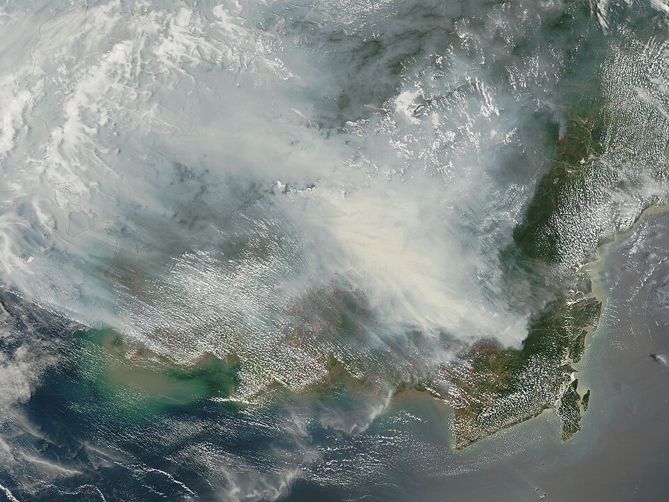 Fires on Borneo

Thick smoke hung over the island of Borneo when the Moderate Resolution Imaging Spectroradiometer (MODIS) on NASA’s Terra satellite passed overhead on October 5, 2006. The sensor detected scores of fires (locations marked in red) in the Kalimantan province of Indonesia, and smoke bi