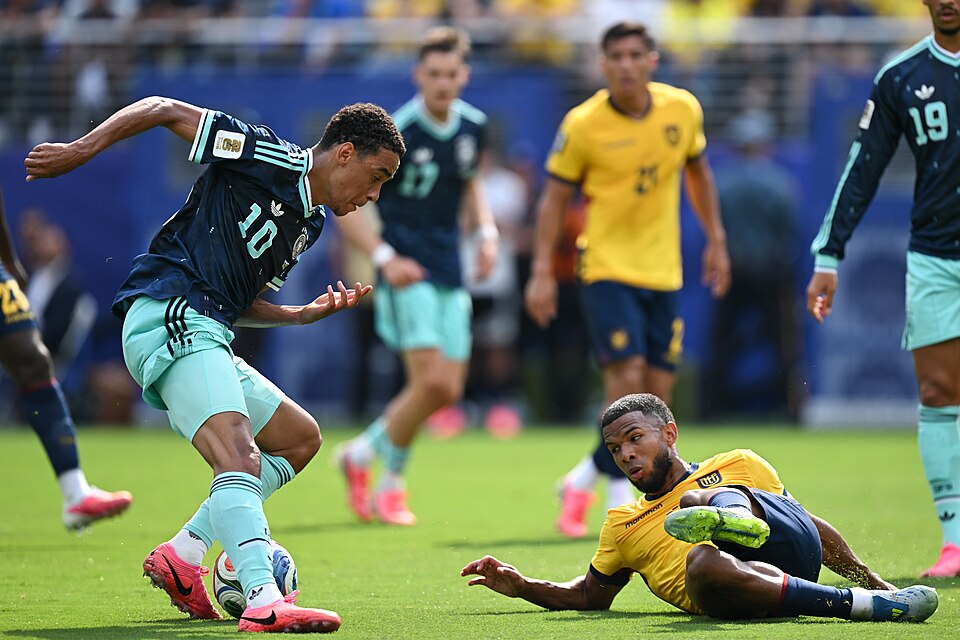 EAST RUTHERFORD, UNITED STATES - June 25: Jamal Musiala #10 of Germany is in action against, Pedro Vite #15 of Ecuador during the FIFA World Cup 2026 Group E match between Ecuador  and  Germany on June 25, 2026 MetLife Stadium, East Rutherford, New Jersey