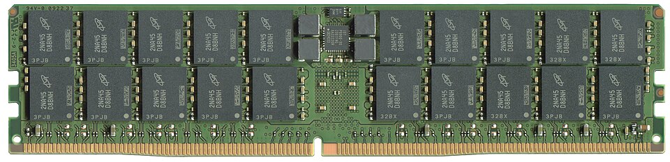 View of the RAM module "Micron MTC40F204681RC48BA1R". The module is a RAM module with DDR5 SDRAM technology (DDR5-4800), ECC and RDIMM with 1.1V and CL40. The circuit board is home to 64 GiB (approx. 65536 MiB). This RAM is mostly used in servers and workstations. There is also a model with 96 GiB.