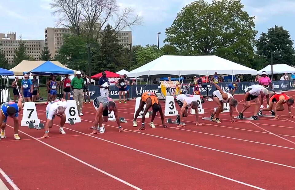 Men 70-74 100 meter dash at 2021 USATF Masters Outdoor Championships in the Cyclone Sports Complex, soccer and track stadium, Ames, Iowa. Right to left, lane 1 to 8: Peter Chen, George Bowne, Roger Parnell, Michael Kish, Alston Brown, John Pace, Joseph Ford III, Jim Dolezel. Videographer: Liz Guerri