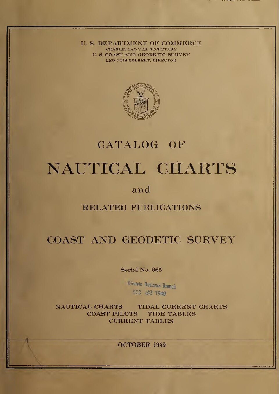 Collection of catalogs listing nautical charts, coast pilots, and tide tables available from the U.S. Coast and Geodetic Survey. Many of the catalogs are annotated in ms. with additions, corrections, prices, check marks, or Coast Survey inventory numbers. The earliest catalogs, for 1843, 1847, [1851