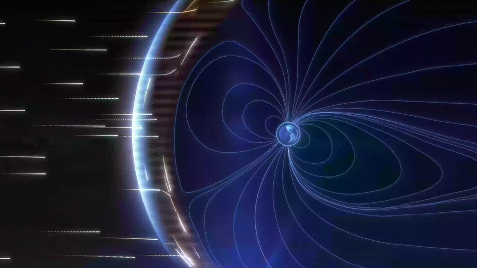 Conceptual AnimationThis animation shows energetic particles from the Sun interacting with Earth’s magnetic field, called the magnetosphere. The magnetosphere is another one of Earth’s fundamental global fields. It originates from the churning of hot, liquid metals in our planet’s core and extends t
