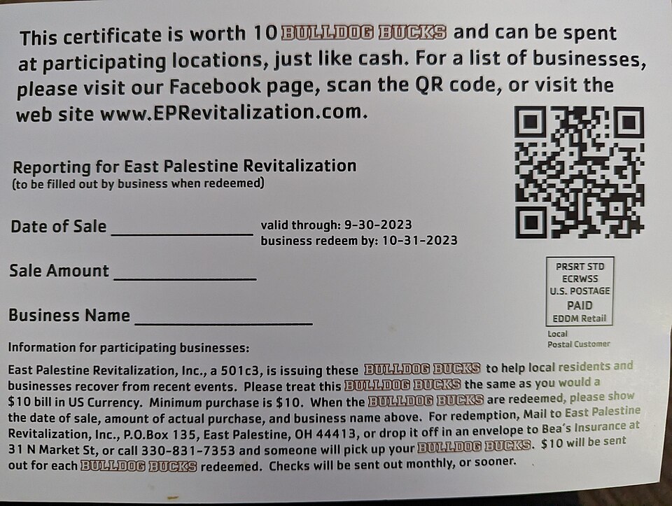 Bulldog Bucks gift card sent to resident of East Palestine, Ohio after the February 2023 train derailment