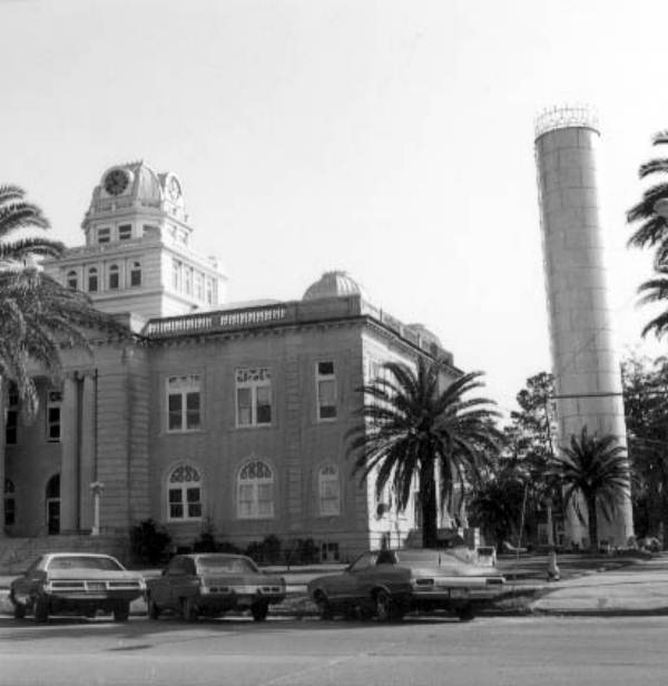 1974 photograph of the Madison County, Florida courthouse and its water tower