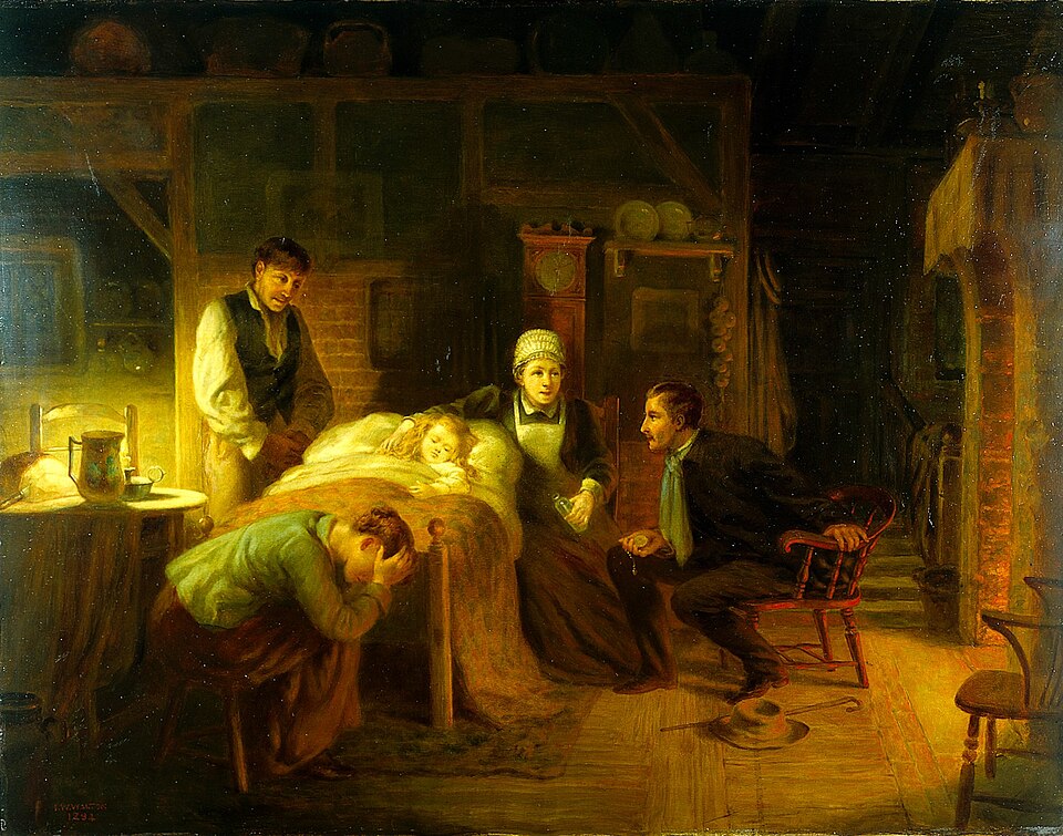 "Anxious moments": a sick child, its grieving parents, a nursemaid and a medical practitioner. Oil painting attributed to John Whitehead Walton, 1894.

Iconographic Collections
Keywords: John Whitehead Walton