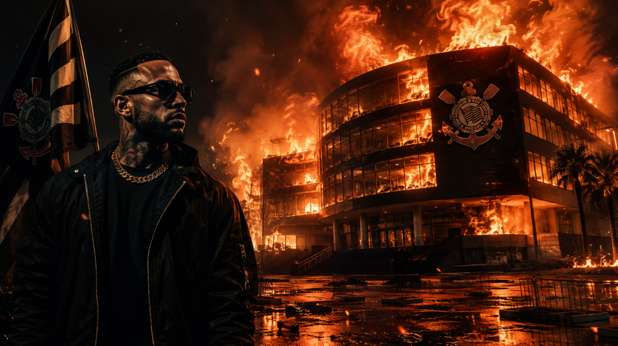 A dramatic illustration shows Memphis Depay in the foreground as the Corinthians administrative headquarters appear engulfed in flames behind him at night.