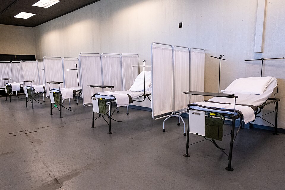 California National Guard staff set up equipment for a Federal Medical Station to support San Mateo County's COVID-19 response. Housed at the San Mateo County Event Center (fairgrounds), the FMS will provide sub-acute, non-traumatic, non-surgical treatment when local hospital capacity has been excee