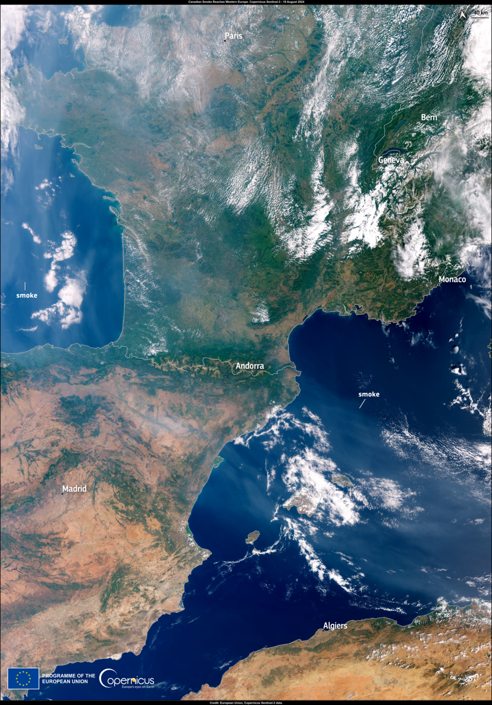 For weeks, wildfires in northern Canada have been spewing vast amounts of smoke which has travelled thousands of kilometres across the Atlantic Ocean, darkening the skies of Western Europe. The plume first reached the British Isles and then continued south-eastwards.
This true-colour image, acquired