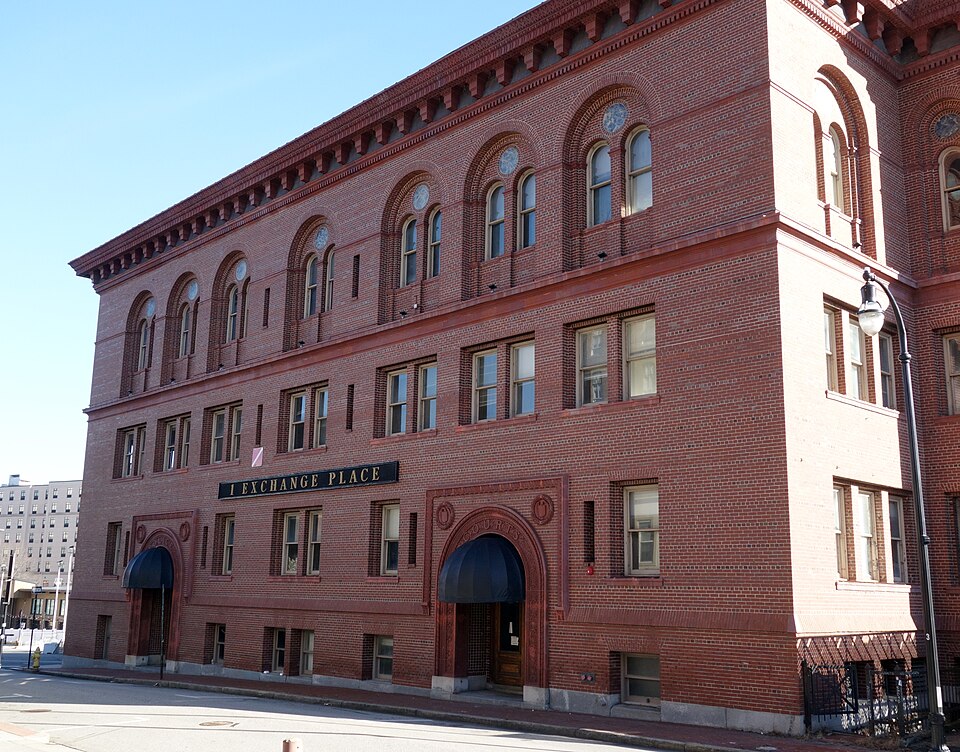 Waldo Street Police Station, Waldo and Exchange Streets (now "One Exchange Place"), Worcester, Massachusetts. Designed by George H. Clemence, 1918; restored 1983. West side from the southwest.

Massachusetts Cultural Resources Information System: Historic Building Detail: WOR.457 Waldo Street Police