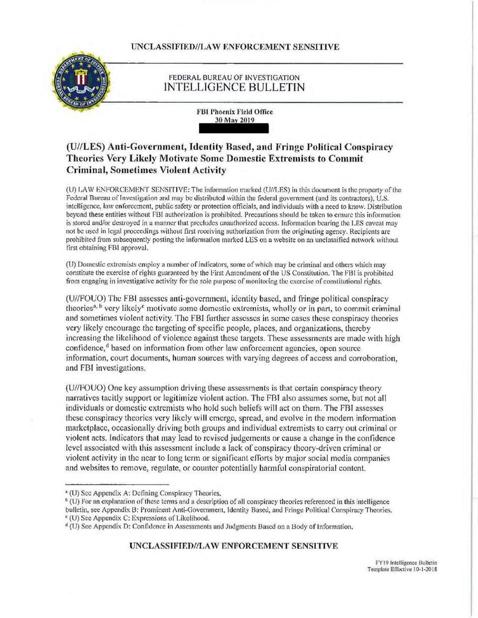 "Anti-Government, Identity Based, and Fringe Political Conspiracy Theories Very Likely Motivate Some Domestic Extremists to Commit Criminal, Sometimes Violent Activity"