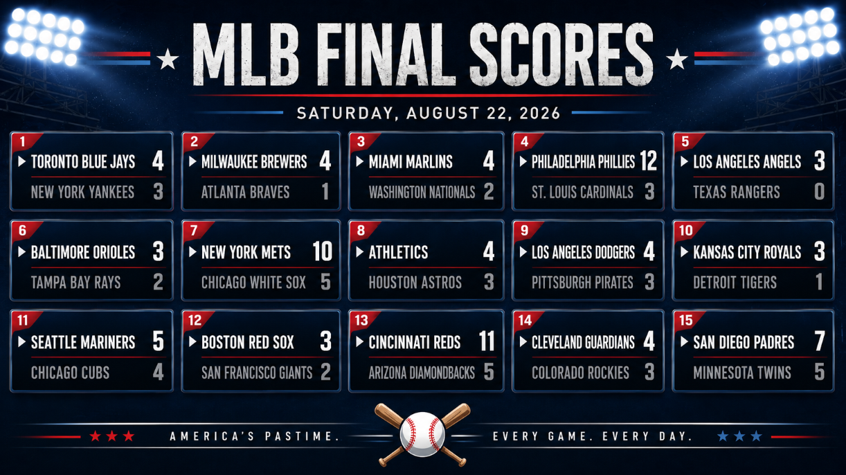 MLB final scores from August 22, 2026, displayed in a wide stadium-style scoreboard graphic featuring all 15 completed games.